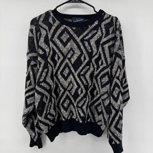 Interim Sweater Mens Large Blue Geometric Knit Crew Neck Pullover Retro